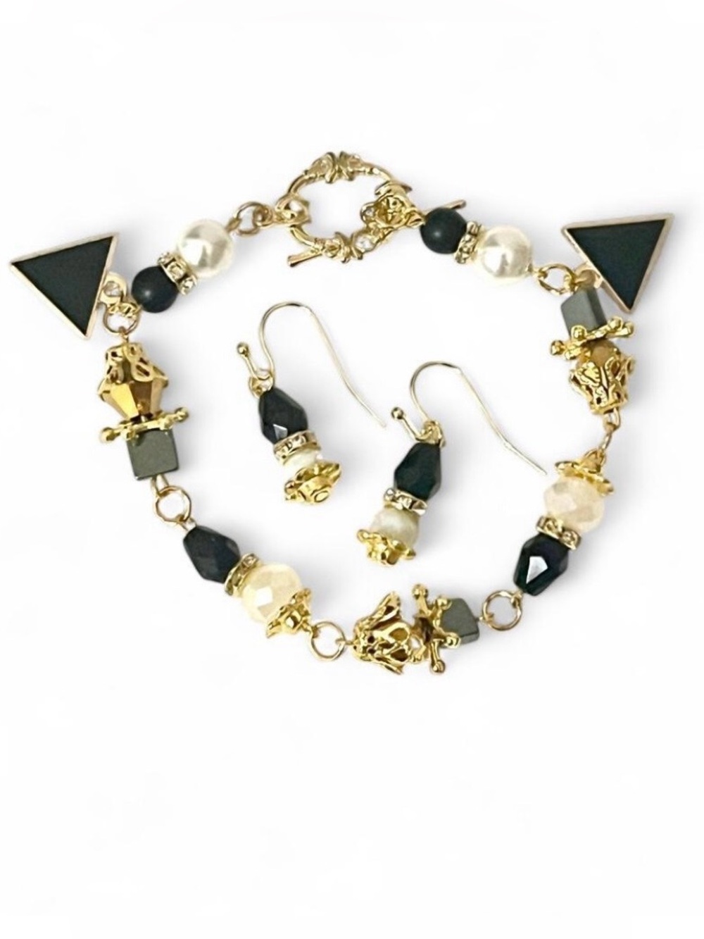 Black & Gold Tone Pearl Bead Geometric Triangle Charm Bracelet Earring Set Set